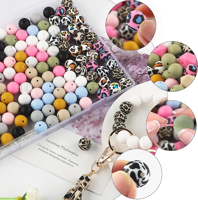 Sunrony 150pcs Silicone Beads for Keychain Making Bracelet Decoration and 15mm Silicone Beads for Pens (Leopard)