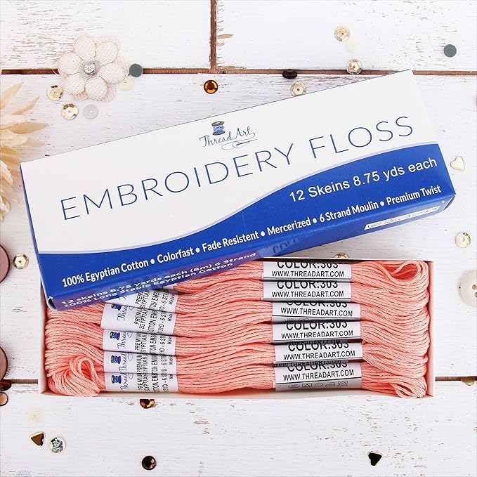 12 Skeins ThreadArt Premium Egyptian Long Fiber Cotton Embroidery Floss | Light Apricot | 6 Strand Divisible Thread 8.75yds Each for Hand Embroidery, Friendship Bracelets, Cross Stitch and Crafts