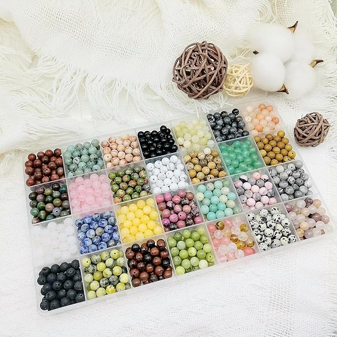1120pcs Natural Stone Beads Polished Beading 6mm Loose Beads Gemstone Crystal Energy Stone Healing Power for DIY Jewelry Making (6mm 28 Materials A)