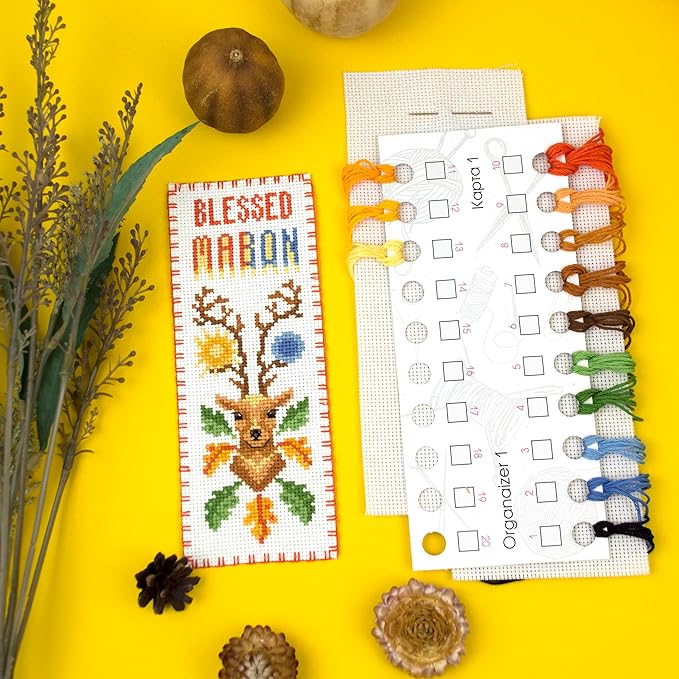 Povitrulya Cross Stitch Bookmark Kit “Mabon“ – Counted DIY Embroidery Set for Adults & Beginners, Autumn Equinox Pagan Wiccan Alban Elfed Harvest Festival Needlework Gift