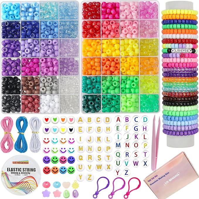 lis hegensa pony beads bulk,kandi beads for necklace jewelry making hair braiding,bracelets making kits,hair bead,bracelet plastic bead for crafts braids girls(48 color,2200pcs)