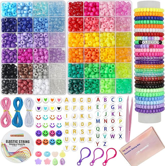 lis hegensa pony beads bulk,kandi beads for necklace jewelry making hair braiding,bracelets making kits,hair bead,bracelet plastic bead for crafts braids girls(48 color,2200pcs)
