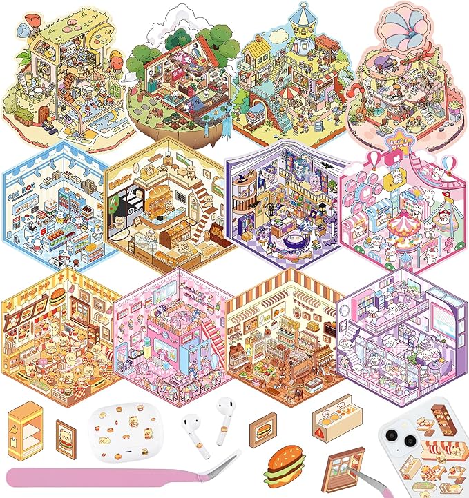 12 Sets DIY 3D Sticker Scene for Kids, Fun DIY Sticker Scene Make Your Own Mini House Cute Cartoon Animal Scene Stickers Adult Sticker Art Relief Stress Pass The Time Holiday Christmas Fun