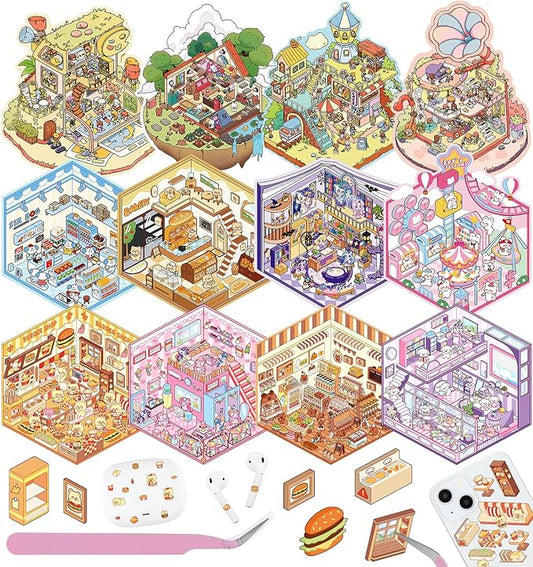 12 Sets DIY 3D Sticker Scene for Kids, Fun DIY Sticker Scene Make Your Own Mini House Cute Cartoon Animal Scene Stickers Adult Sticker Art Relief Stress Pass The Time Holiday Christmas Fun