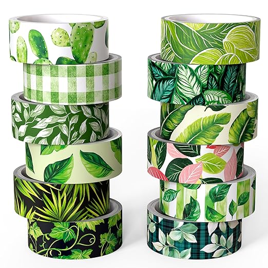 Green Plant Washi Tape Set, 12 Rolls Botanical Tape Green Leaves Decorative Tape Spring Tropical Masking Tapes for Journaling, Scrapbooking, Planners & DIY Crafts, Gift Wrapping
