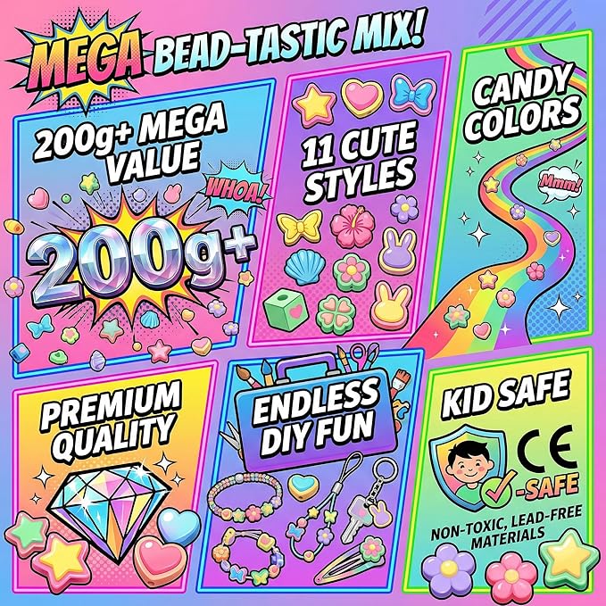 Assorted Acrylic Beads for Bracelet Making kit, 200g+ 11-Style, Pony Candy Kawaii Charms Beads DIY Craft Supplies for Jewelry Keychain Necklaces(Mixed III Candy Color, 145+Pcs, 0.45lb.)