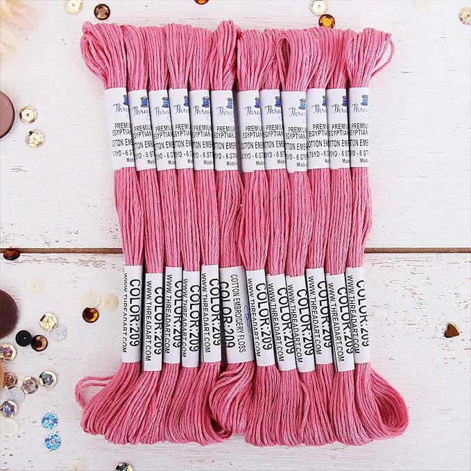 12 Skeins ThreadArt Premium Egyptian Long Fiber Cotton Embroidery Floss | Dusty Rose | 6 Strand Divisible Thread 8.75yds Each for Hand Embroidery, Friendship Bracelets, Cross Stitch and Crafts