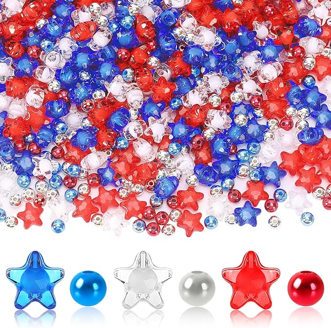 UPINS 1500Pcs Red White and Blue Beads, Patriotic 4th of July Beads for Jewelry Making Round Star Spacer Beads for Independence Day DIY Crafts and Necklace Bracelet Earring, 0.24 inch, 79-6670