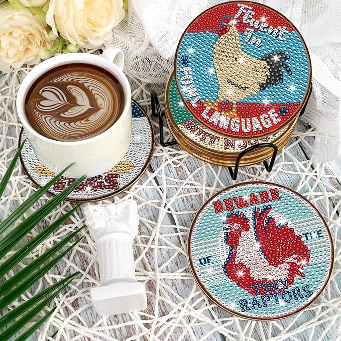 Funny Chicken Diamond Art Coasters, Rooster Diamond Painting Coaster Kits with Holder and Cork Pads, Farmhouse DIY Making Kit for Adults Crafts Chicken Gifts for Women Party Supplies