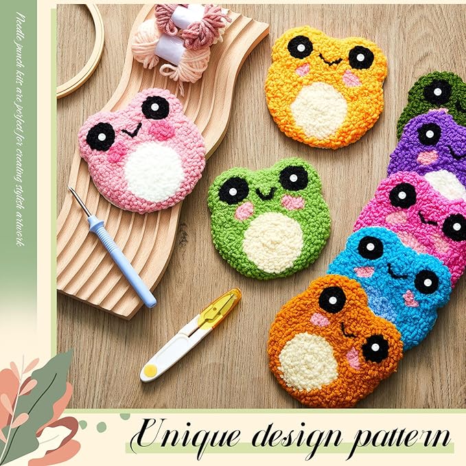 Preboun 8 Pcs Frog Punch Needle Coaster Kit, Punch Needle Embroidery Kits for Adults Beginners, 8 Colors Frog Punch Needle Set Punch Needle Supplies Including Yarns Hoop Tools