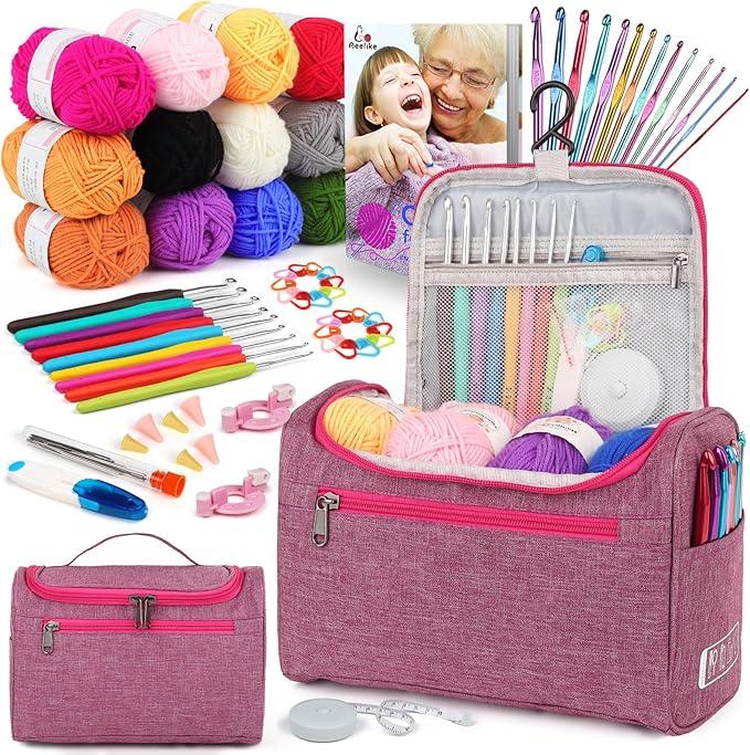 Aeelike Crochet Kit for Beginners Young and Old, First Crochet Kit for Adults Include 23pcs Crocheting Hooks, 655 Yards Yarn Set, Instruction, Bag, Crocheting Accessories and Supplies, Pink