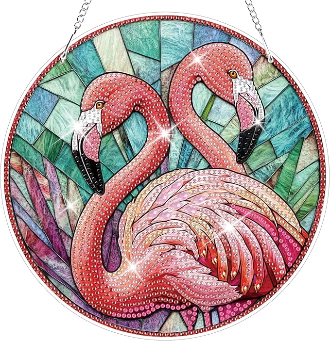 HEIBAGO Flamingo Hanging Diamond Art Kits for Adults, Special Shaped Crystal Diamond Painting Ornament Kit, DIY Double-Sided Pattern Window Pendant Gem Art Kit for Home Wall Decor 8.3x8.3inch