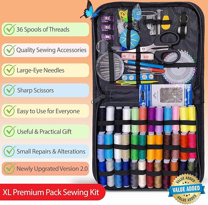 Vellostar Large Sewing Kit for Adults & Beginners – Portable Needle and Thread Kit with Professional Sewing Supplies & Accessories for Home Clothing Repairs, 36XL-Color Threads, 30-Assorted Needles