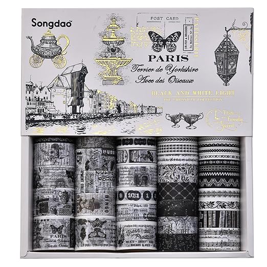 36 Rolls Vintage Washi Tape Pack Retro Arts Adhesive Tapes Wide Chronicle Decorative Masking Tape Sets for Craft, Kids, Scrapbook, DIY, Gift Wrapping (Black & White Light)