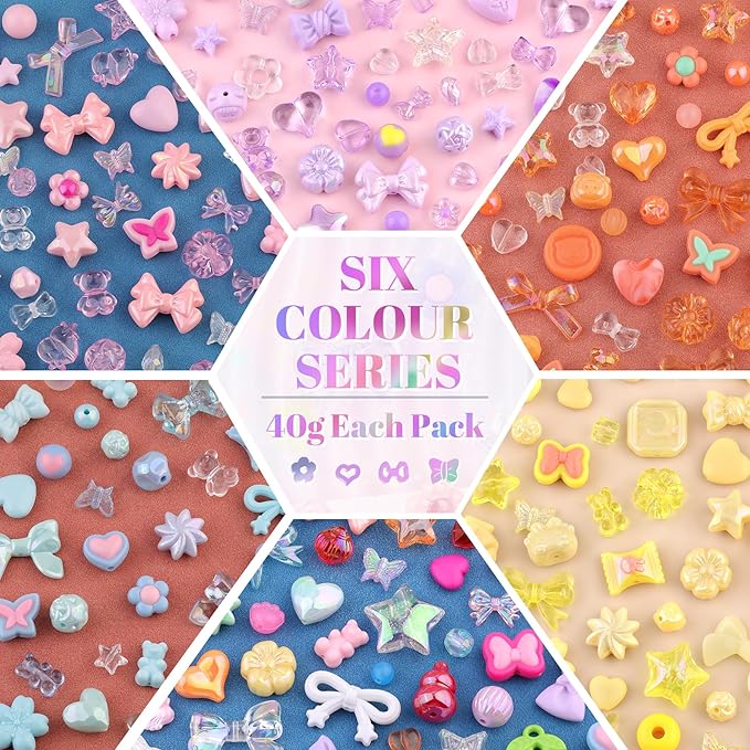400-450PCS TINKRSTUFF Assorted Acrylic Beads, 6 Colors Series Cute Beads for Bracelet Making, Bow Flower GummyBear Kawaii Charms, Aesthetic Bead for Necklace Keychain Jewelry Making DIY Phone Charm