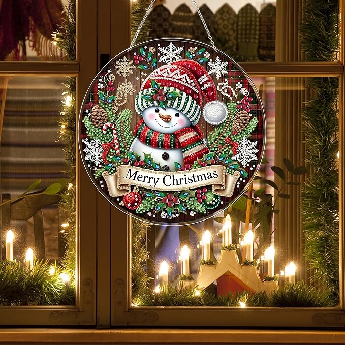 JJFox DIY Acrylic Diamond Art Painting Wreath Kits Special Shaped Rhinestone Diamond Art Window Pendants Home Garden Wall Hanging Kits Hanging Ornament (Merry Christmas Snowman)