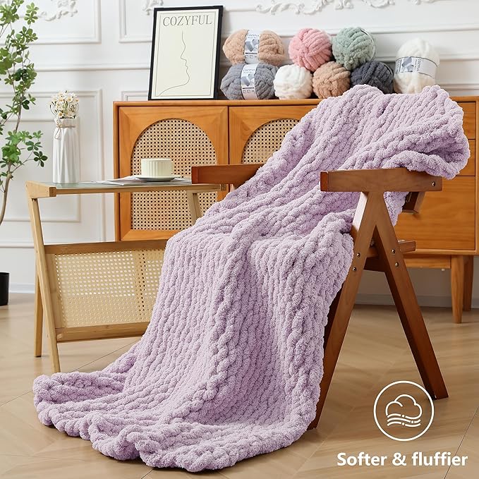 Chunky Yarn for Hand Knitting - #10 Chunky Chenille Yarn, Jumbo Big Thick Chunky Yarns for Crocheting, Super Bulky Chunky Knit Blanket Yarns, 8 Skein (25 yds 8 oz Each Skein), Lavender Fog