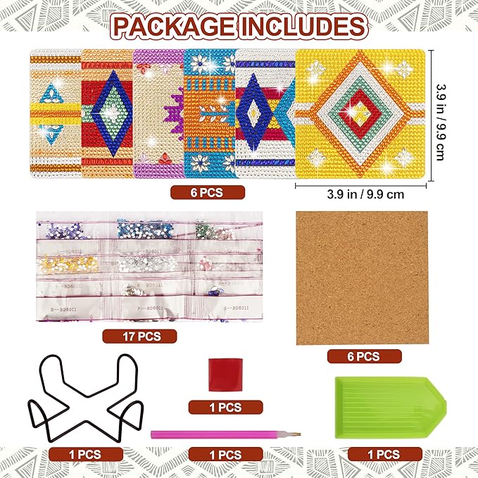 Temlum 6 Pcs Diamond Painting Coasters with Holder, Boho Diamond Coasters Small Diamond Painting Kits for Beginners, Adults Diamond Art Coasters Craft Supplies