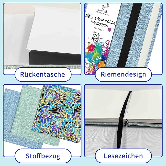 Mlife Square Watercolor Sketchbook,100% Cotton,300gsm/140lb,Acid-Free,Watercolor Journal for Artists Adults Students,4.7 * 4.7 Inches(Turquoise)