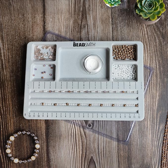 The Beadsmith Mini Bead Board - Grey Flocked, 4 Straight Channels, 5 Recessed Compartments, 7.75 x 11.25 inches, Design Boards for Creating Bracelets, Necklaces and Other Jewelry