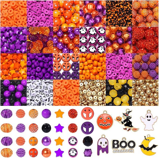 2381PCS+ Halloween Beads and Charms for Jewelry Making Purple Orange Black Heishi Letter Round Beads Ghost Boo Bat Pumpkin Witch Pendants for Holiday Party Necklace Bracelet Jewelry DIY Supplies