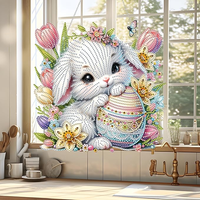 JJFox Diamond Art Hanging Kit for Adult,Special Shaped Rhinestone,DIY Acrylic Diamond Art Painting Window Pendants Home Garden Wall Hanging Kits Hanging Ornament,Double Sided (Easter Bunny)