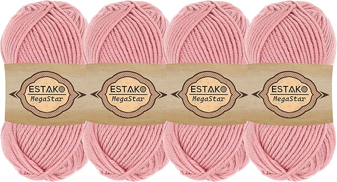 Estako Megastar, (4 Skeins Pack) 75% Acrylic 25% Wool Yarn, Soft, Chunky Bulky Weight #5 for Crochet and Knitting (4 x 3.52 Oz) / (4 x 120 Yrds) (63142 - Rose)