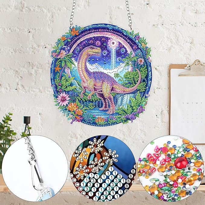 Yomiie DIY Double Sided Sun Catcher Window Hanging – Dinosaur Animal Diamond Painting Pendant Kits, 5D Acrylic Diamonds Hanging Craft for Adults, Diamond Art Ornament for Outdoor/Indoor Decor 8x8 inch