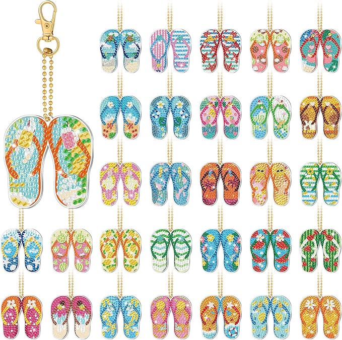 Huquary 30 Pcs Summer Diamond Art Flip Flop Diamond Painting Keychains Kits for Aldults Double Sided 5d Rhinestones Beach Slipper Hanging Key Chains Ornaments for Beginners DIY Crafts Party
