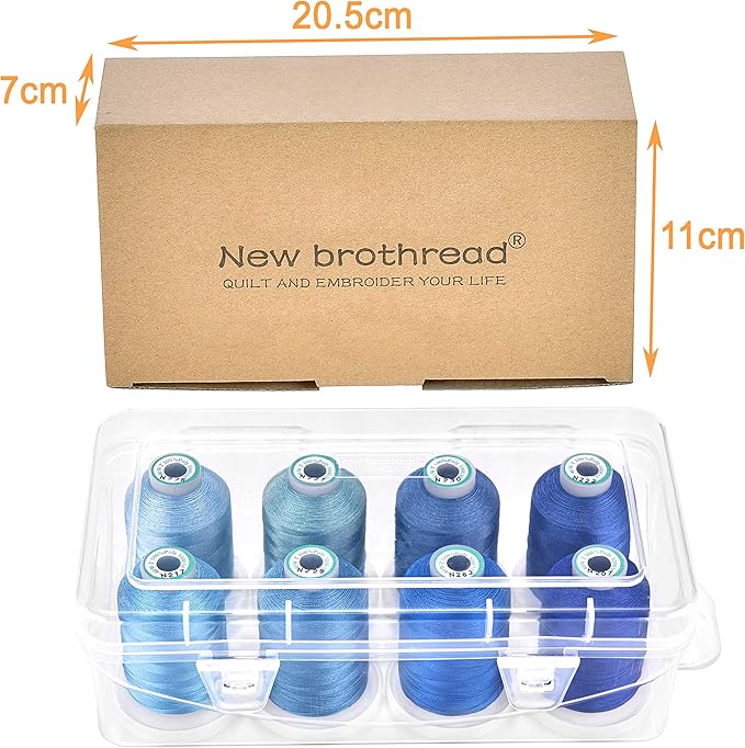 New brothread - 20 Options - 8 Snap Spools of 1000m Each Polyester Embroidery Machine Thread with Clear Plastic Storage Box for Embroidery & Quilting - Different Blue
