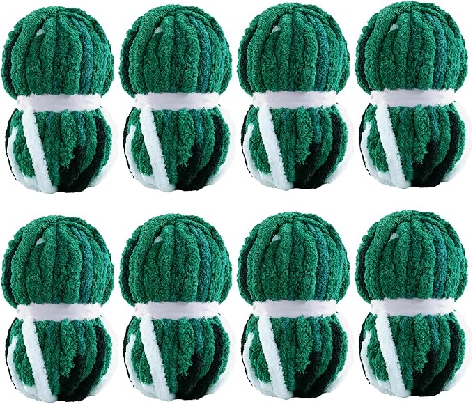 MABOZOO Tie Dye Chunky Yarn for Crocheting 8 Pack,Green,Black,White Fluffy Jumbo Chenille Yarn,Soft Plush Yarn Bulky,Giant Thick Fuzzy Yarn for Hand Knitting or Arm Knitting (26 yds,7.5 oz Each Skein)