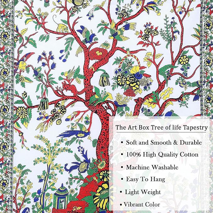 the art box tapestry white tree of life wall hanging – indian cotton twin bedspread, picnic sheet, wall decor, blanket, wall art for bedroom (medium, 60x54 inch)