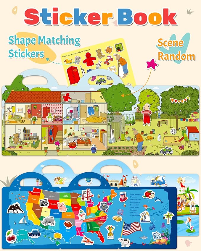 benresive reusable sticker books for kids, sticker books for toddlers, toddler travel toys activities crafts ages 3 and up birthday gifts - america map, fairy, my house