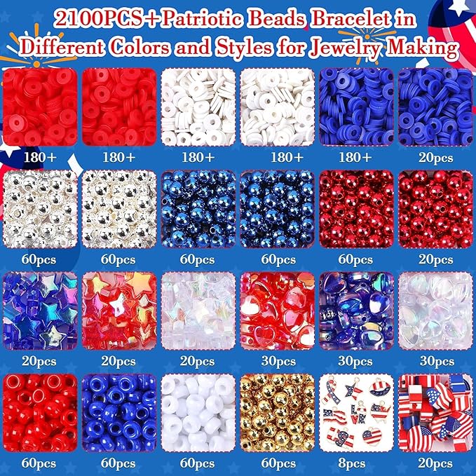 UPINS 2100PCS+ Red White and Blue Beads Bracelet Making Kit 4th of July Patriotic Beads for Jewelry Making Heishi Beads for DIY Bracelets Independence Day Crafts