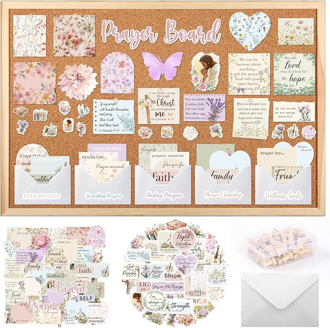 Prayer Board Stickers Supplies - 162 Pcs Prayer Board Kit with Pins Envelope Bible Verse Quotes Cards, Flower Motivational Scrapbook Stickers, Bible Study Supplies for Women (Not Cork Board)