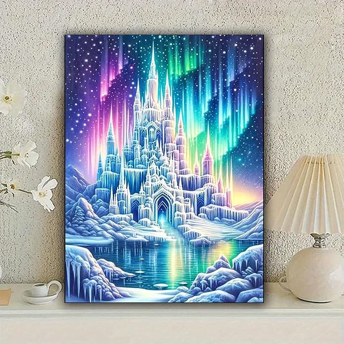 KUFWKEY Fantasy Castle Diamond Art Kits for Adults,5D Aurora Borealis Diamond Painting Kit, Full Round Drill DIY Diamond Mosiac Art,Diamond Dots for Beginners,Gem Art and Crafts,Home Decor,12x16inch