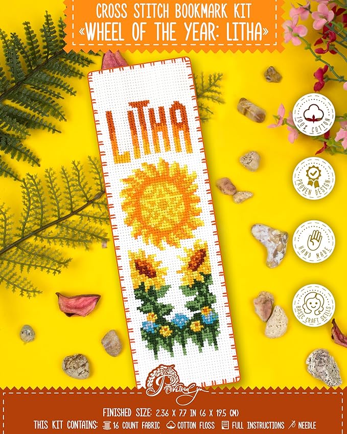 Povitrulya Cross Stitch Bookmark Kit Wheel of the Year: Litha – Counted DIY Embroidery Set for Adults & Beginners, Summer Solstice Pagan Wiccan Sun Fire Festival Gift