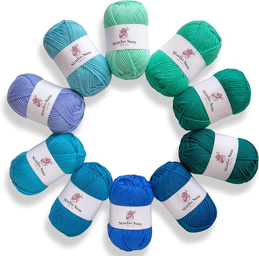 Studio Sam Acrylic Yarn Set. Ten Large 50g Skeins. Total 1030 Yards. for All Knitting, Crochet and Craft Projects. Blue and Green (Sea Glass Collection)