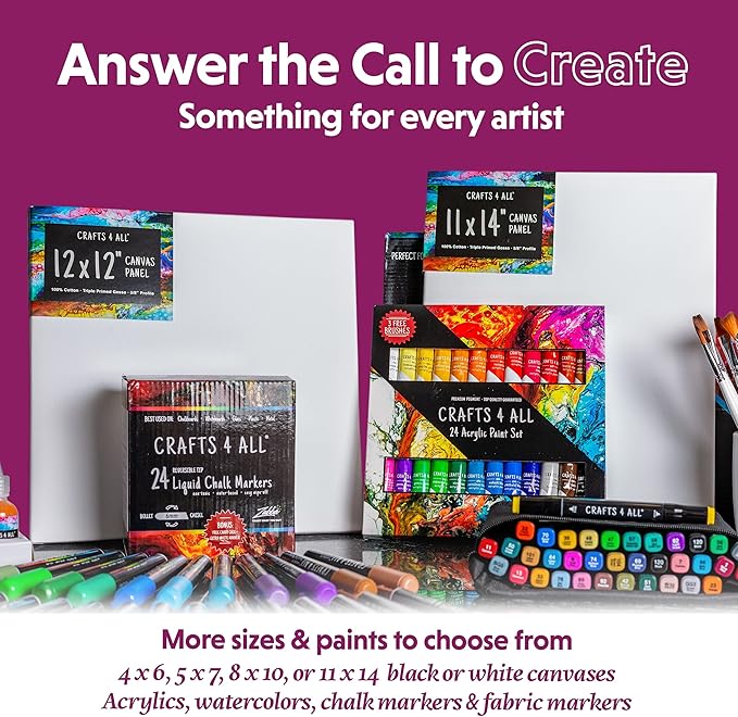 Crafts 4 All Acrylic Paint Set for Adults and Artists - 12 Pack of 12mL Paints with 12 Art Brushes & 4 Stretched Canvas Boards, Non-Toxic Craft Paint for Easter Eggs, Ceramic Rock Paint - Art Supplies
