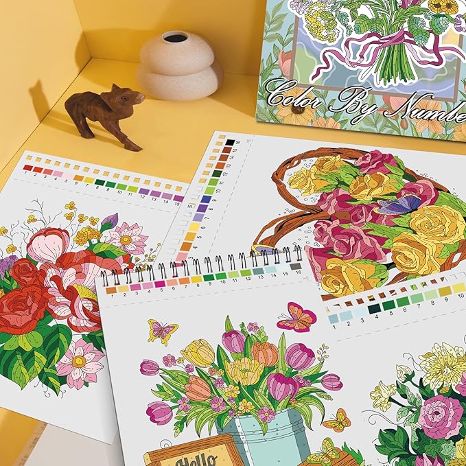 Jadeso Color by Number Adult Coloring Book, 30 Pages of Beautiful Flowers Patterns, Spiral Bound Color by Numbers for Adults Relaxation, Stress-Free Coloring by Numbers, Thick Smooth Paper