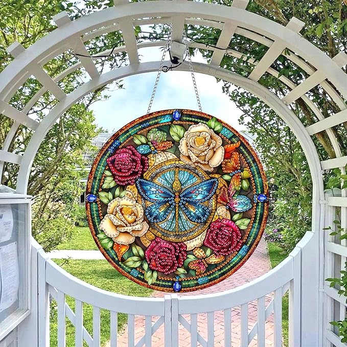Wergund 5D DIY Butterfly Diamond Art Hanging Kits, Hanging Diamond Art Rose, Acrylic Special Shaped Rhinestone, Window Hanging Pendants for Home Wall Garden Front Door Outdoor Decor Gift(Butterfly)