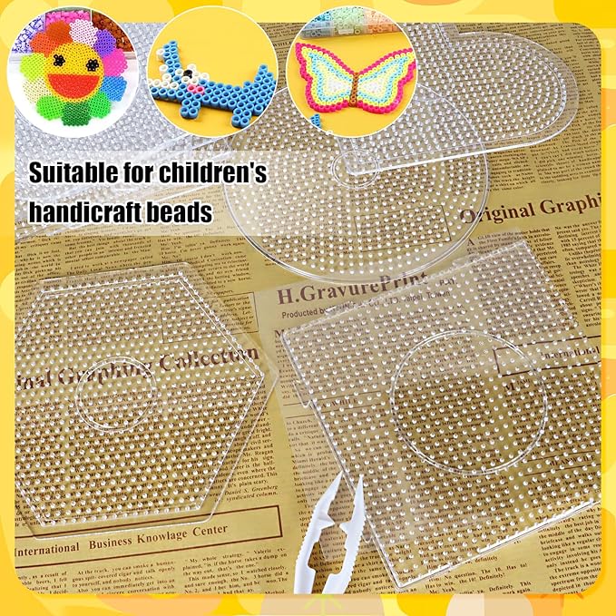 BILLIOTEAM 10PCS (4 Shapes) Fuse Beads Pegboards Boards with 2Pieces Tweezers and 6Pieces Lroning Paper,5mm Clear Plastic Pegboards Set Kit for Kids Craft Supplies Beads