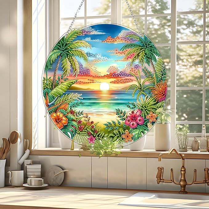 JJFox Diamond Art Hanging Kit for Adult,Special Shaped Rhinestone,Double Sided DIY Acrylic 5D Diamond Art Painting Window Pendants Home Garden Wall Hanging Kits Hanging Ornament (Summer Beach)
