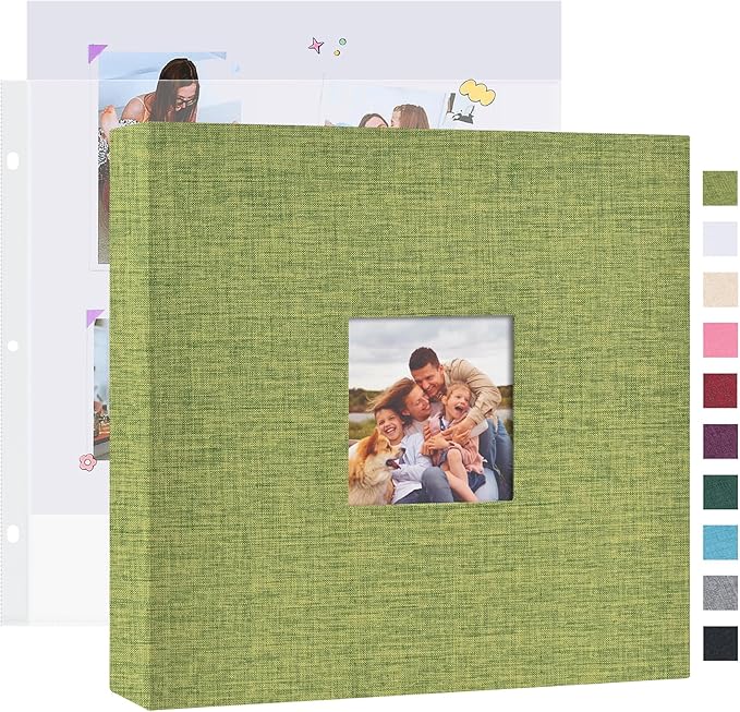 Mublalbum 10x10 Inch DIY Scrapbook Photo Album with 20 Plastic Sleeves 40 Pages Linen Cover 3 Ring Folder Binder for Wedding Baby Family and DIY Projects (Green)