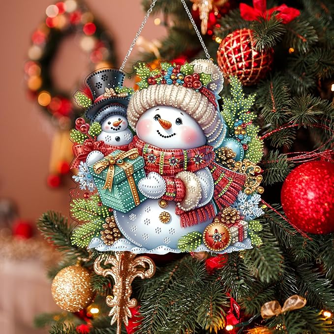 JJFox Diamond Art Hanging Kit for Adult,Special Shaped Rhinestone,DIY Acrylic 5D Diamond Art Painting Window Pendants Home Garden Wall Hanging Kits Hanging Ornament,Double Sided. (Christmas Snowman)
