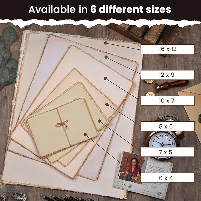 LEATHER VILLAGE Watercolor Paper - 9.5 X 12 inches, 50 Sheets - Mixed Media Watercolor Paper - 150 GSM Thick Deckle Edge Virgin Cotton Handmade Paper - Vintage Toned