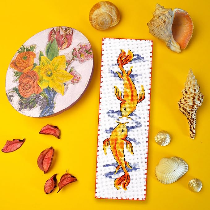 Povitrulya Koi Carp - Counted Cross Stitch Bookmark Kit - Embroidery Set for Adults with Paper Pattern, 16-Count Aida Canvas and Presorted Floss - DIY Christmas, New Year's Gift