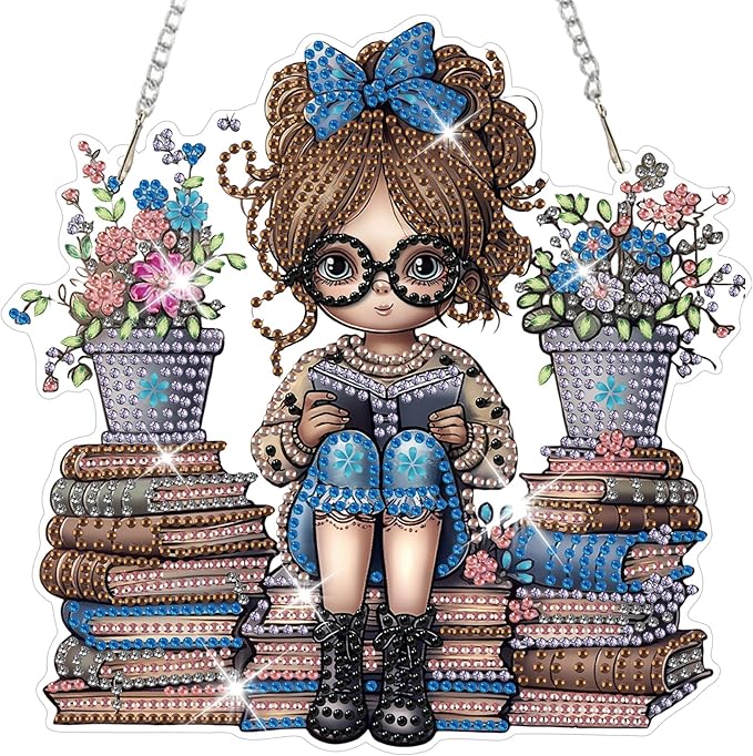 HEIBAGO Reading Book Diamond Art Hanging Kits for Adults, Diamond Art Suncatchers, 5D Special Shape Diamond Painting Pendant, DIY Window Ornament Gifts for Home Garden Door Wall Decor 8.3x8.3 in