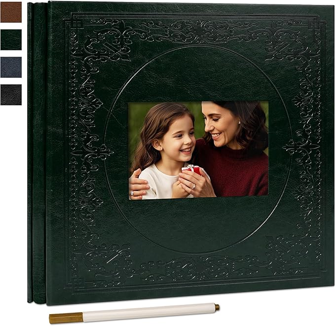 Vienrose Self Adhesive Faux Leather Photo Album with Window DIY Scrapbook Kit for 4x6 5x7 8x10 Pictures, Memory Book for Baby Kids Wedding Journal School Polaroid, 20 Sheets(40 Pages) Dark Green