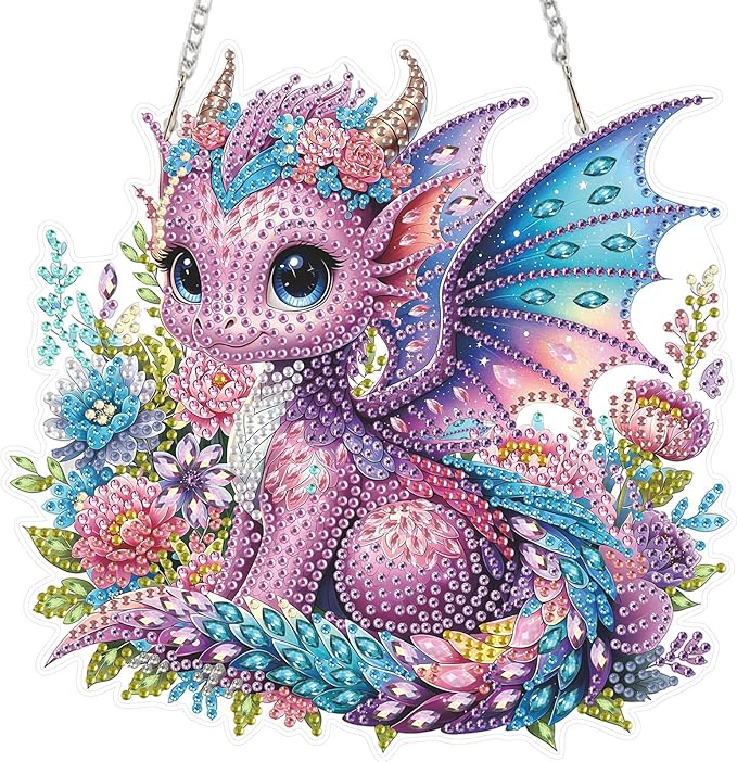 MEIYUDA Dargon Hanging Diamond Art Kits for Adult, Flowers Dargon Diamond Painting Hanging Kits Ornaments, DIY Special Shaped Rhinestone Window Pendants kit for Home Garden Wall Decor Gift